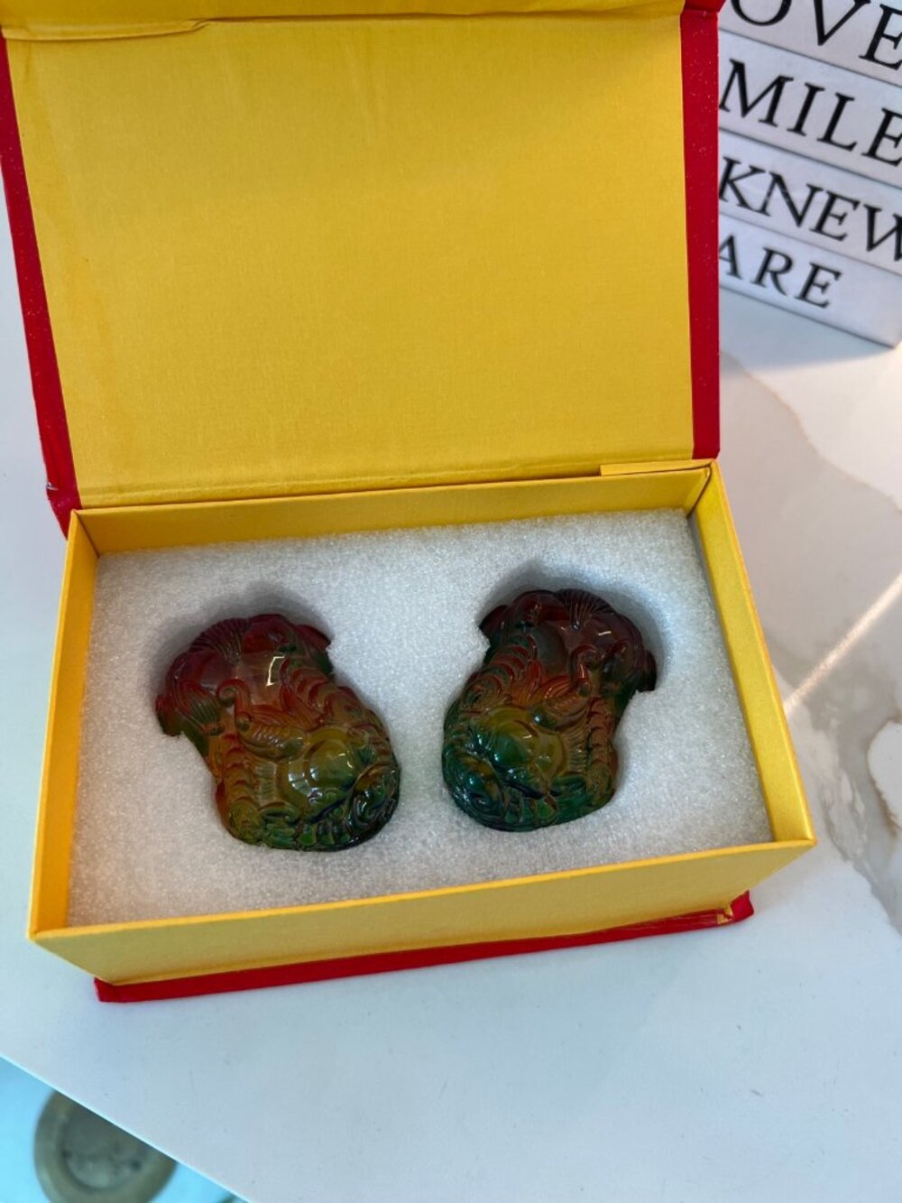Pair Multicolor Carved Glass Foo Dog Guardian Lions Iridescent w Gift Box